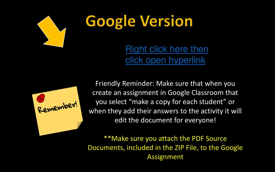 Google version setup instructions: make a copy for each student and attach the PDF source documents.