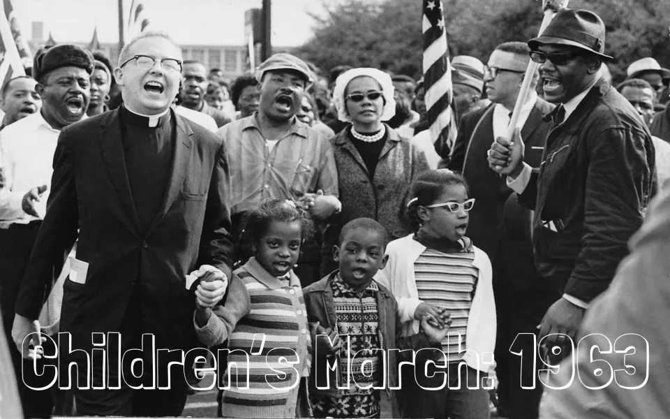 Children's March: 1963 lesson cover showing a historical photograph of adults and children marching together.