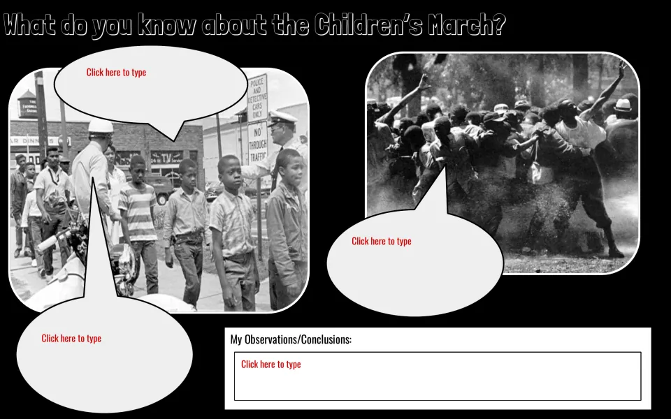 First photo warm-up asks for captions and observations about children near police and protesters being sprayed.