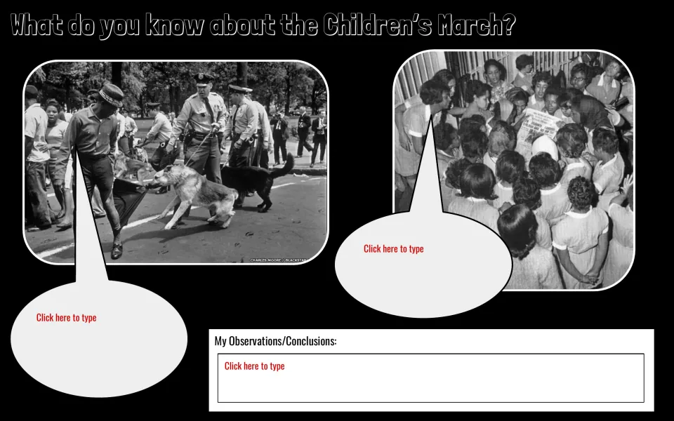 Second photo warm-up asks for captions about police dogs confronting people and children reading together.