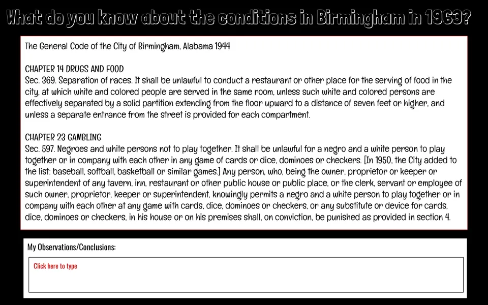 Primary-source warm-up presents Birmingham segregation laws on dining and games for written observations.