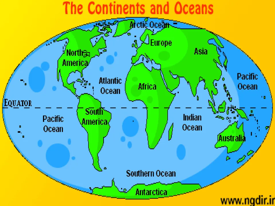 Geography reference slide labels the seven continents, five oceans, and Equator on a world map