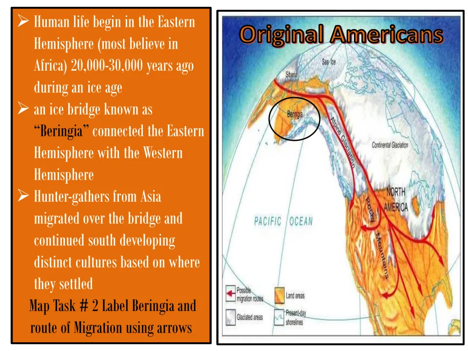 Original Americans lesson slide introduces Beringia; Map Task 2 asks students to label it and migration routes