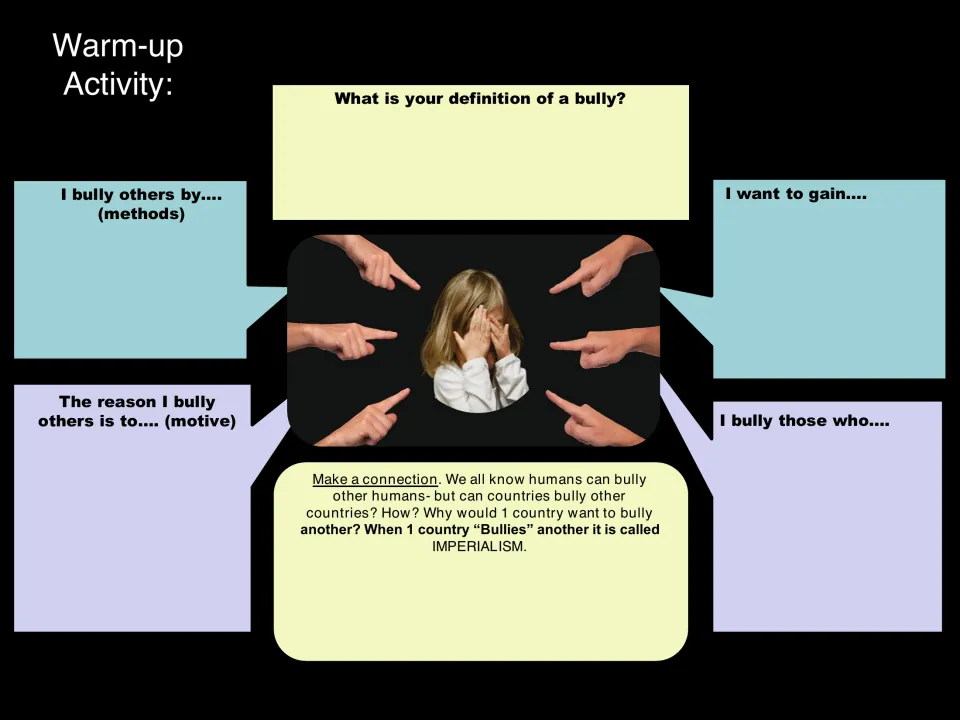 Bullying warm-up: students define a bully and note methods, motives and targets, then connect bullying to imperialism