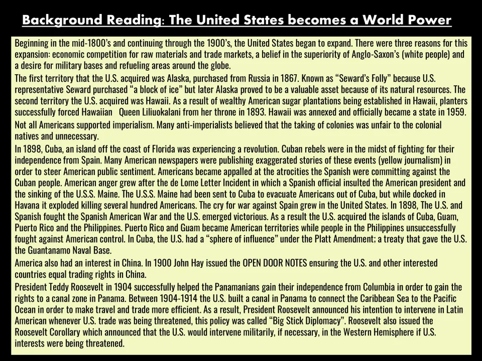 Reading on the U.S. becoming a world power: Alaska, Hawaii, Spanish-American War, Open Door Notes and the Panama Canal