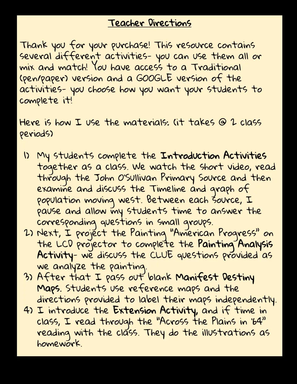 Teacher directions: a two-period plan for intro sources, American Progress painting analysis, map labeling and extension