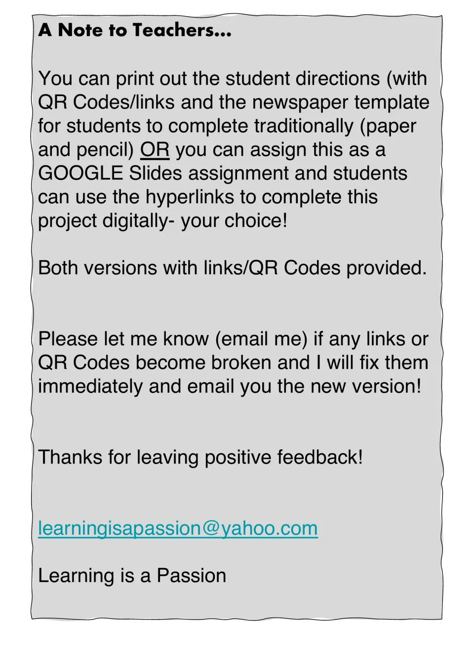 A Note to Teachers: print the directions and newspaper template for paper use or assign it as a Google Slides project