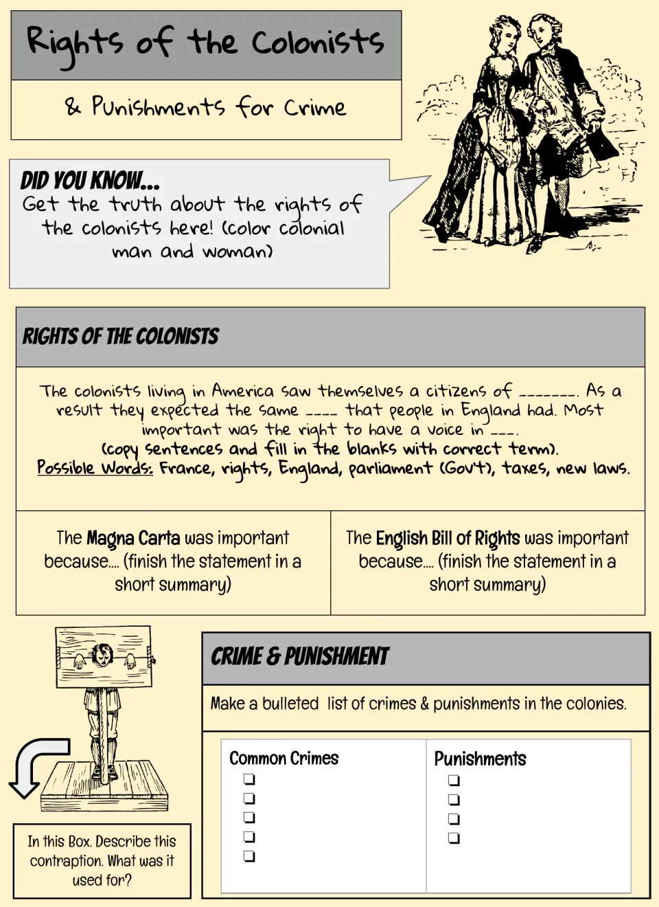 Rights of the Colonists and Punishments for Crime directions: fill-in blanks, Magna Carta summary and a crimes list