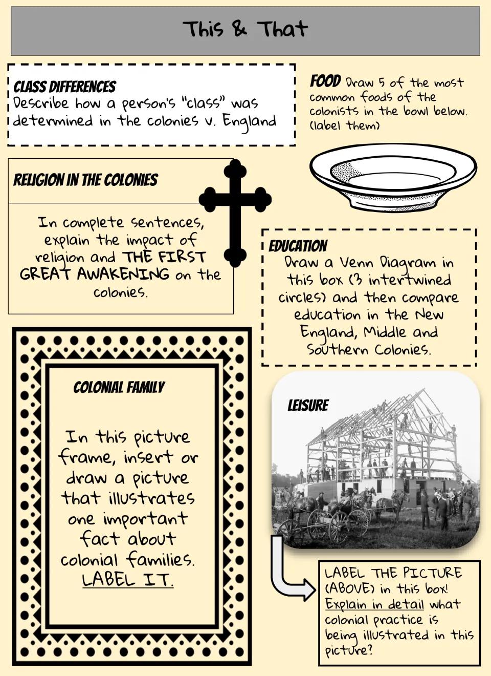 This & That directions: explain class, religion and the Great Awakening, draw foods, compare education with a Venn diagram
