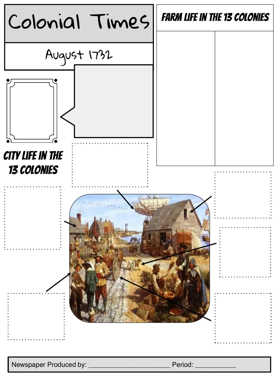 Colonial Times front page template: blank spaces for an editor intro, farm life writing and labels on a colonial city scene