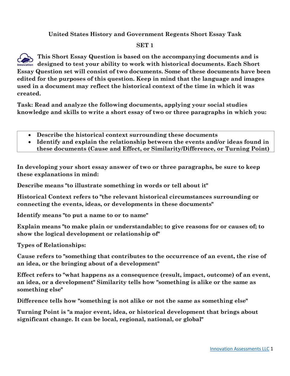Regents short essay task, Set 1: students analyze two documents to describe historical context and explain a relationship