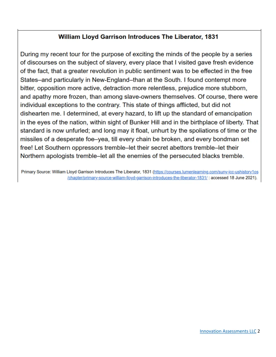 Garrison introduces The Liberator, 1831: abolitionist primary source excerpt students read and analyze for the short essay