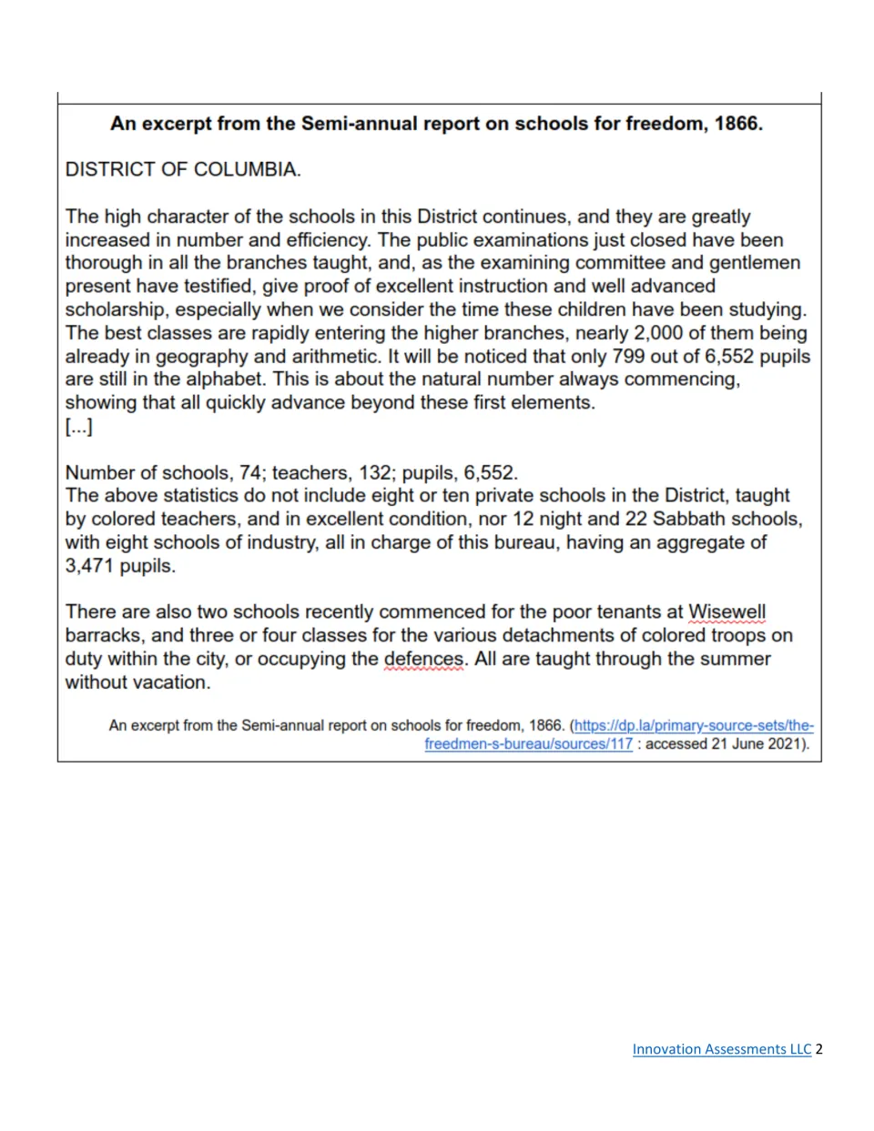 First essay document: 1866 report on District of Columbia schools, listing 74 schools and 6,552 pupils.