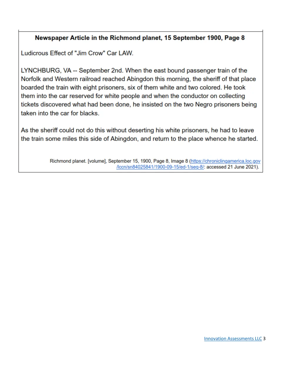 Second essay document: 1900 Richmond Planet article on a Jim Crow law separating railroad passengers.