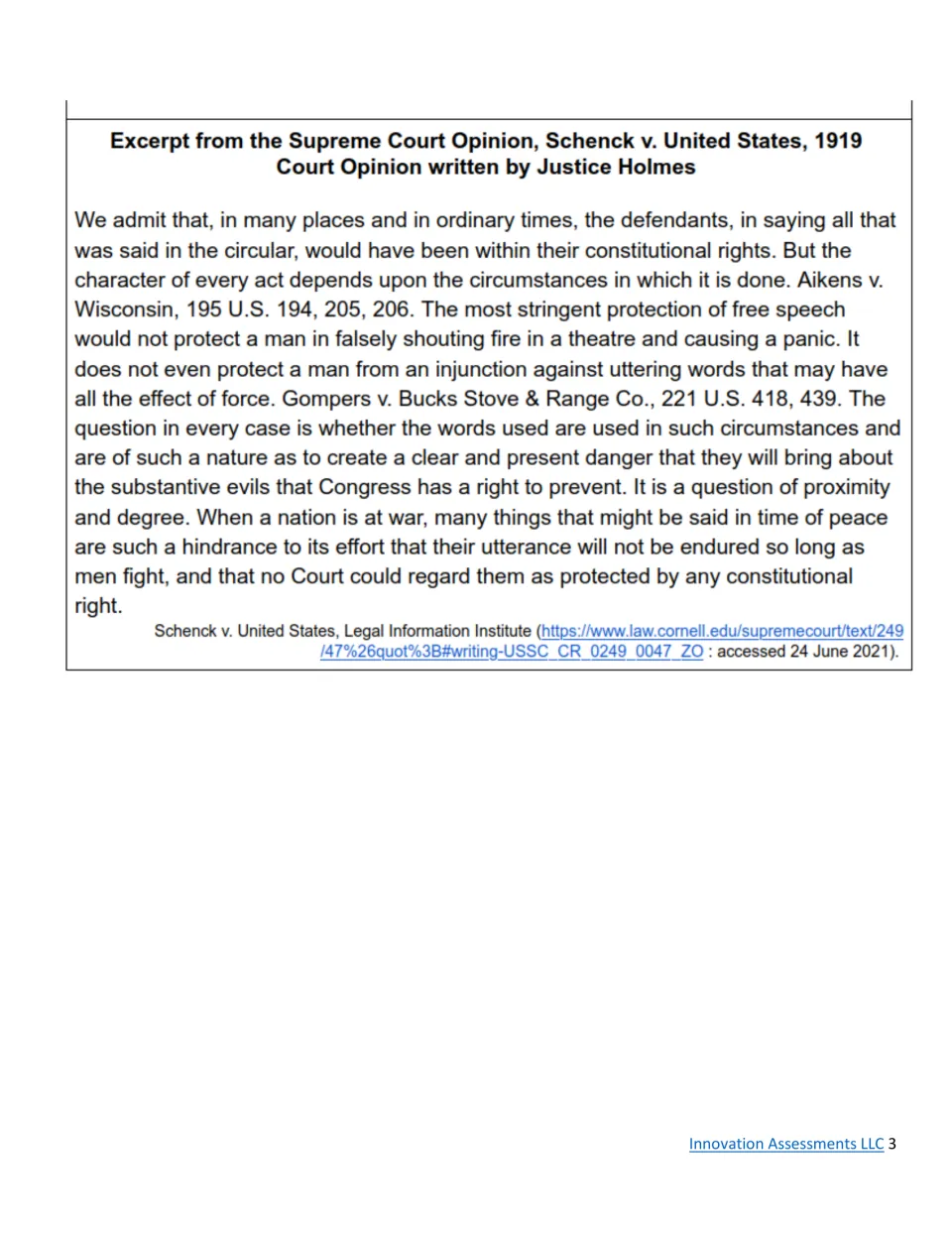 Free speech in wartime: excerpt from Justice Holmes's 1919 Schenck v. United States opinion on clear and present danger