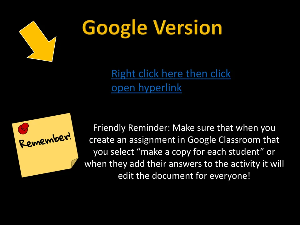 Google version access instructions for the packet, reminding teachers to make a copy for each student