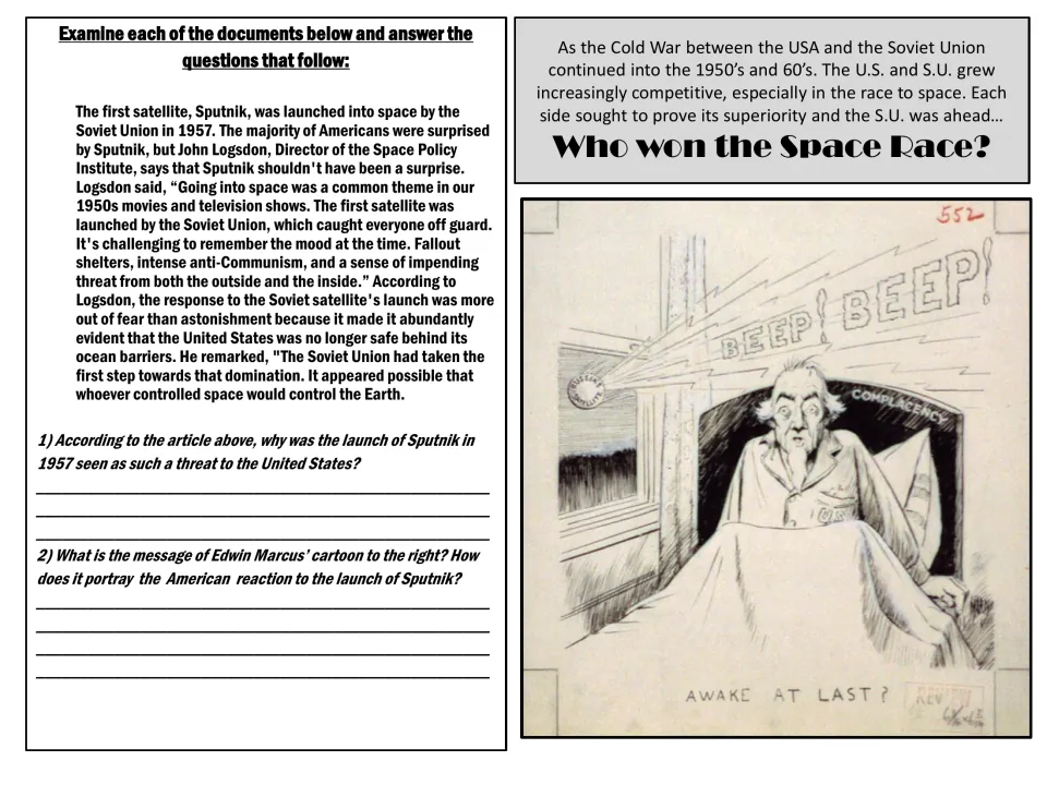 Space Race document analysis begins with a Sputnik reading, an Edwin Marcus cartoon, and questions 1–2