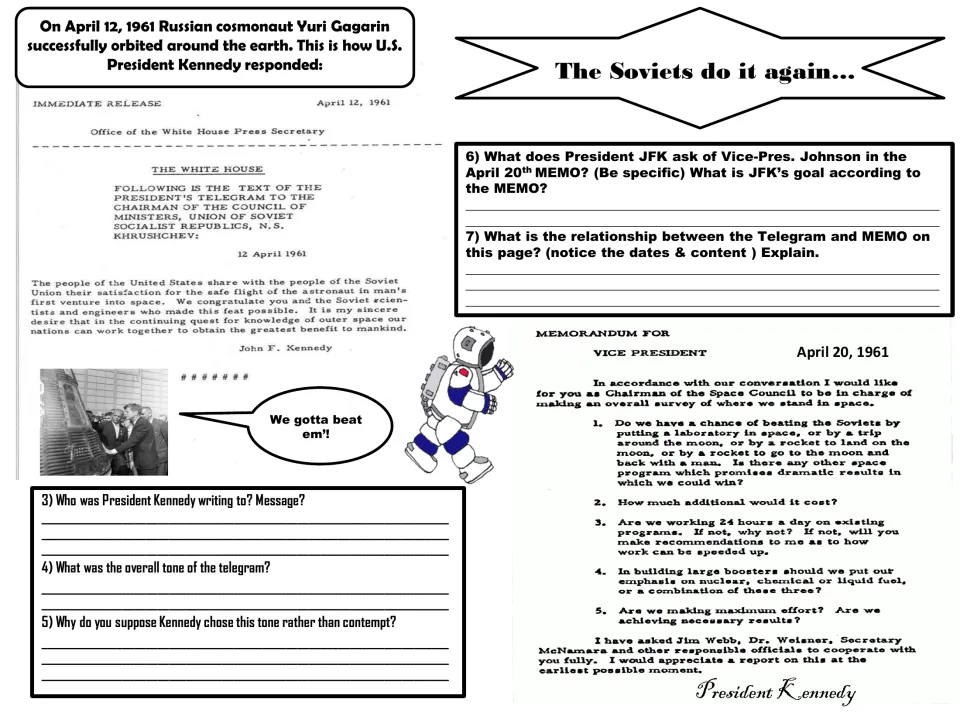 Space Race documents pair Kennedy’s congratulatory telegram and April 20 memo with questions 3–7