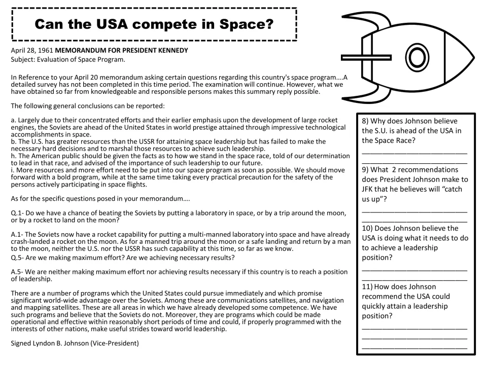Space Race reading presents Johnson’s April 28, 1961 space program evaluation with questions 8–11