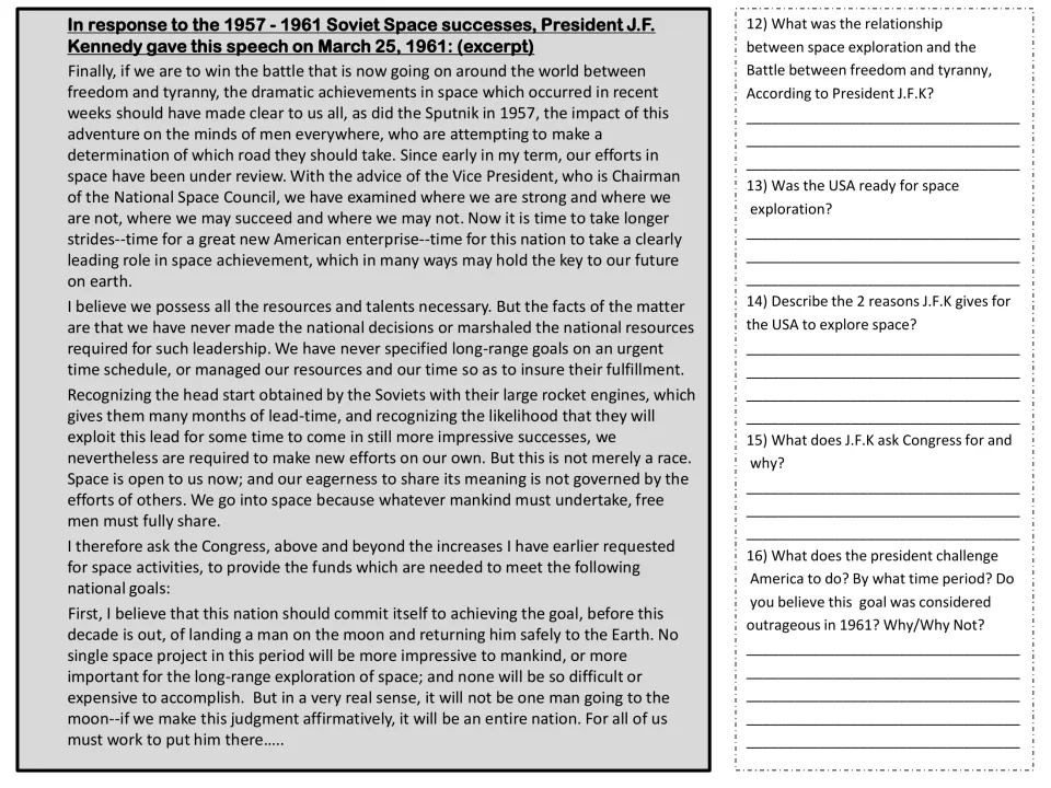 Space Race speech excerpt presents Kennedy’s Moon landing goal and funding request with questions 12–16