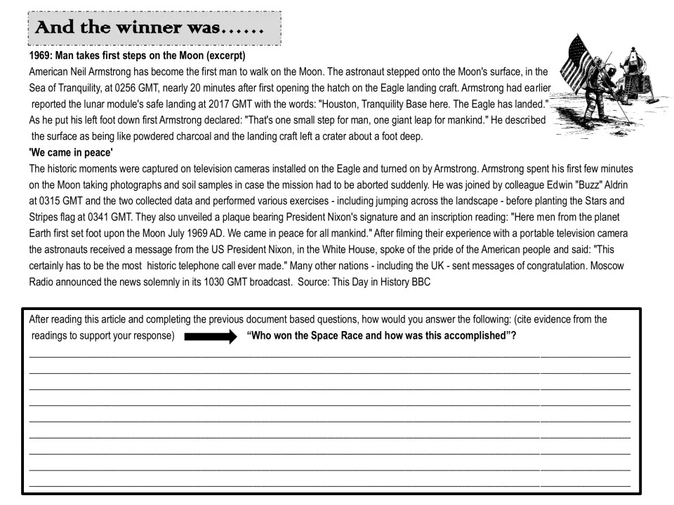 Space Race conclusion pairs a 1969 Moon landing article with a writing prompt asking who won and how