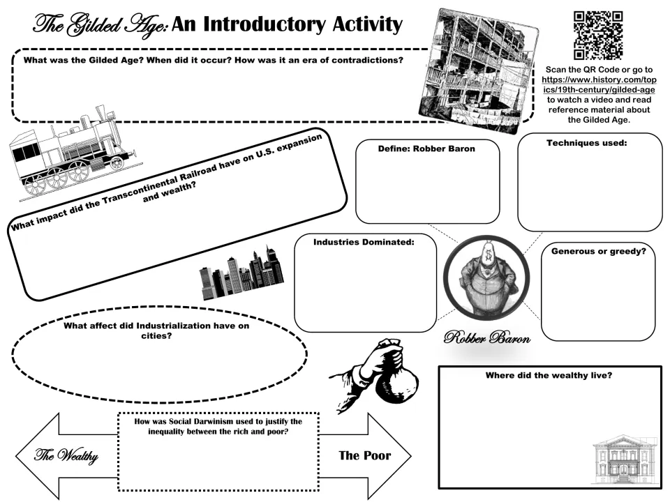 Gilded Age introductory organizer asks about railroad expansion, robber barons, cities, and Social Darwinism.