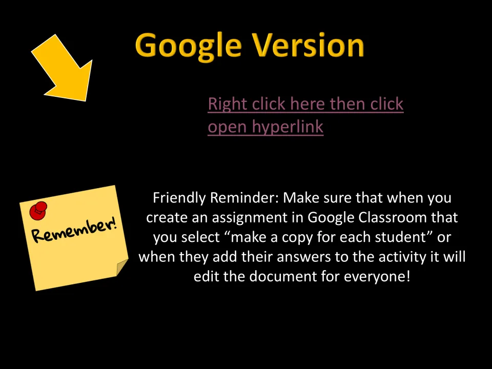 Google-version access instructions for the activity, with a reminder to make a copy for each student