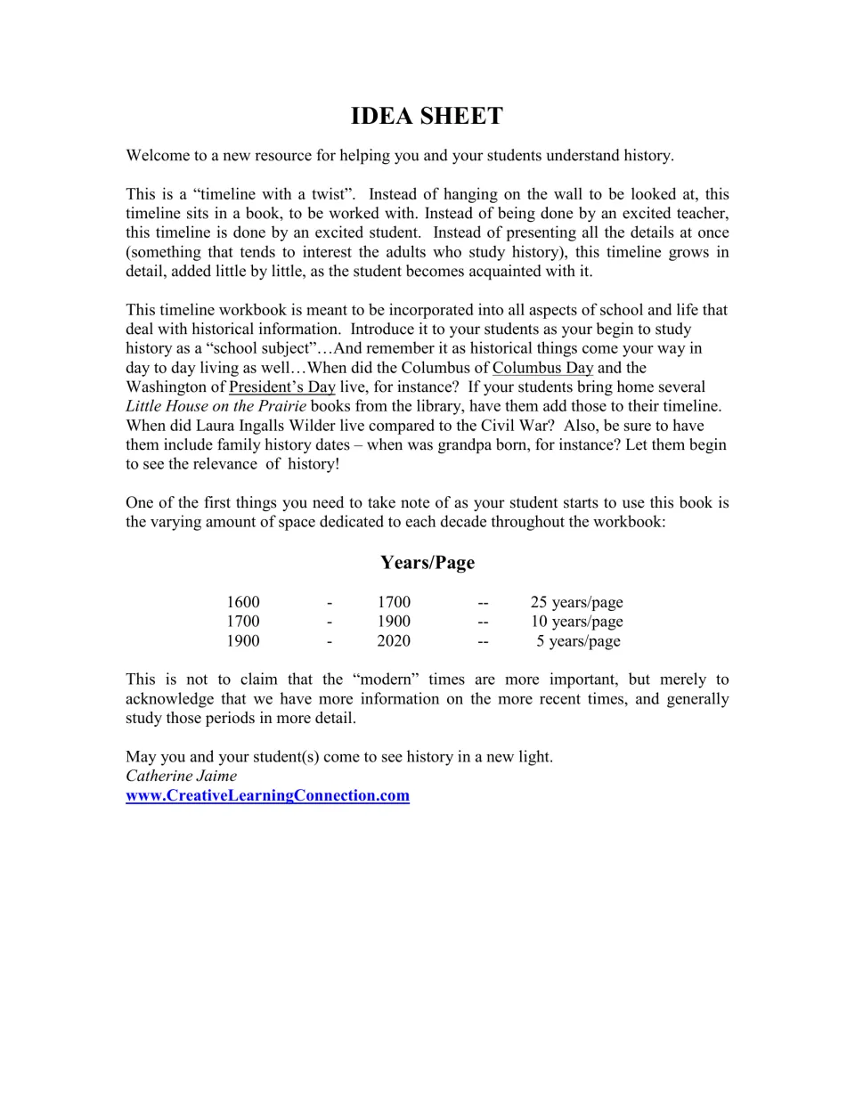 Idea sheet for the timeline workbook: tips on adding holidays, books and family dates, and a years-per-page chart