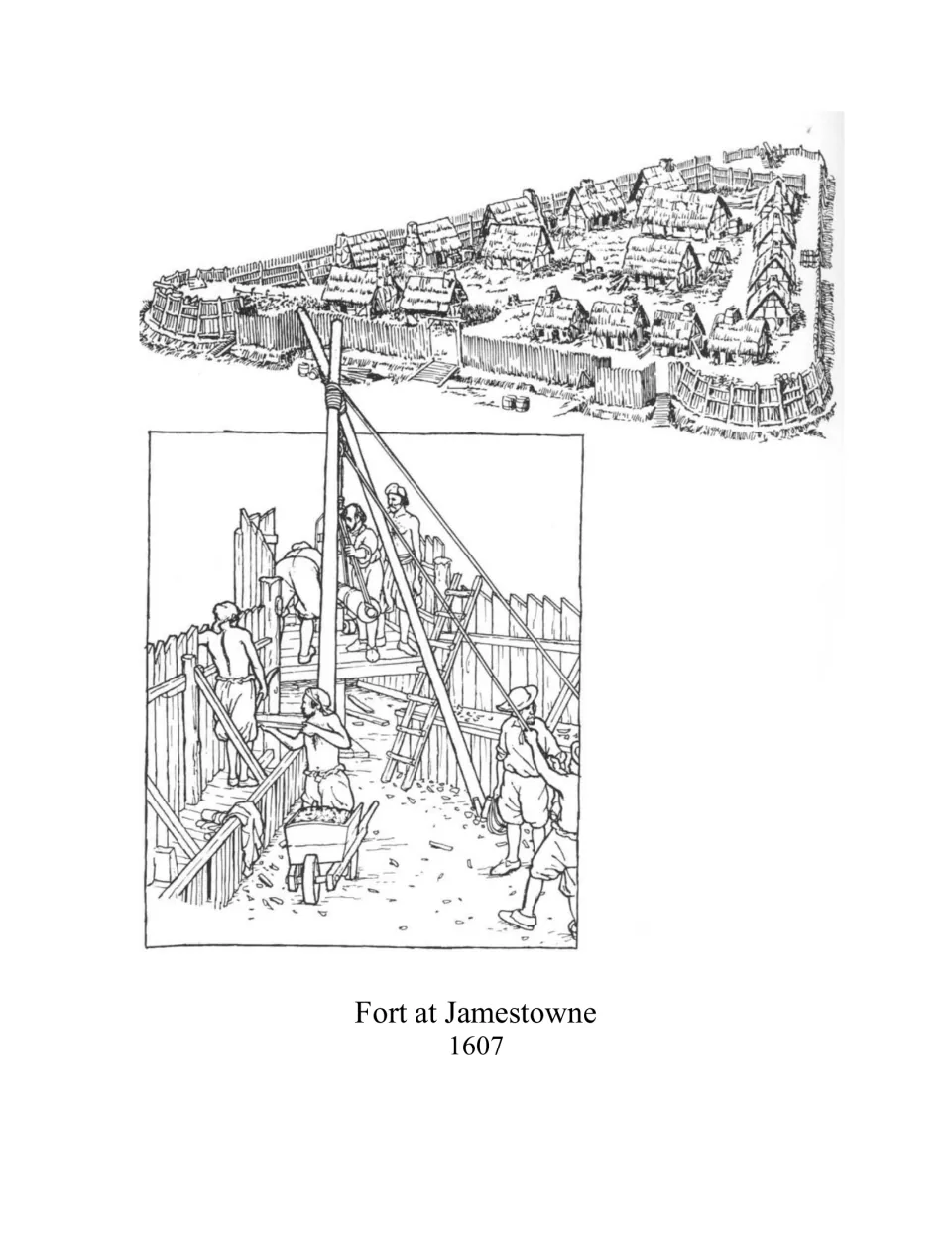 Fort at Jamestowne, 1607: line drawing of colonists building a log palisade and hoisting a cannon beside thatched houses