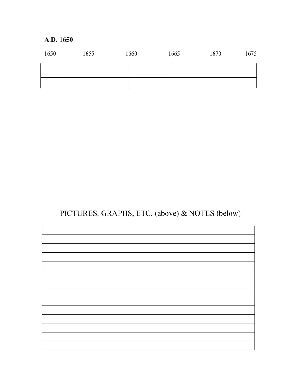 A.D. 1650 timeline page covering 1650 to 1675: students place dated events on the scale and write notes on what happened