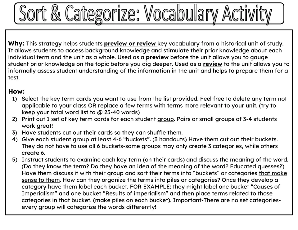 Sorting activity directions: select and cut term cards, discuss meanings, and create categories in groups