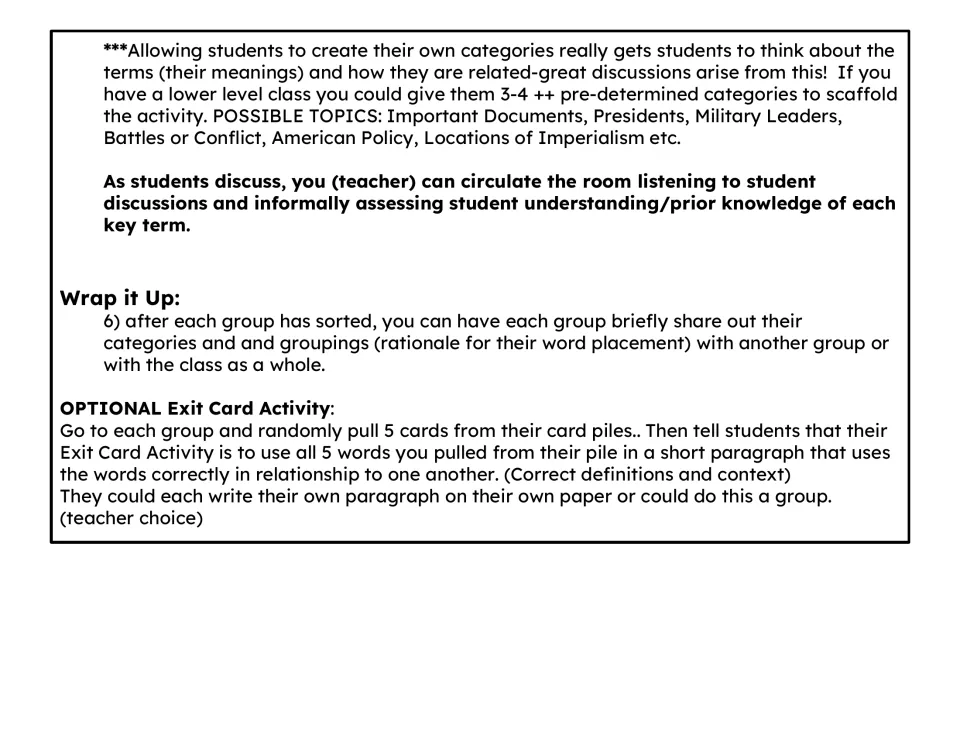 Sorting activity continuation: category support, teacher observation, group sharing, and a five-word exit paragraph