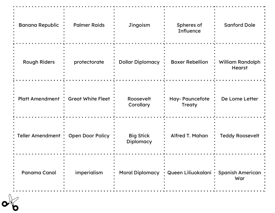 First 25 imperialism term cards, including Banana Republic, Palmer Raids, Jingoism, and Spheres of Influence