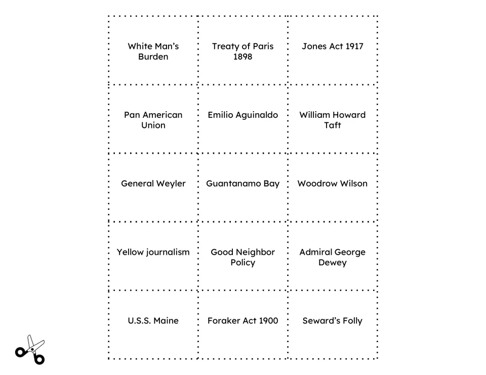 Remaining 15 imperialism term cards, including White Man’s Burden, Treaty of Paris 1898, and Jones Act 1917