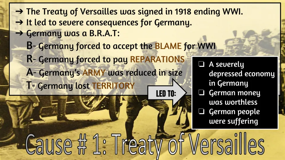 Cause 1, Treaty of Versailles: B.R.A.T. acronym (blame, reparations, army, territory) and its effects on Germany