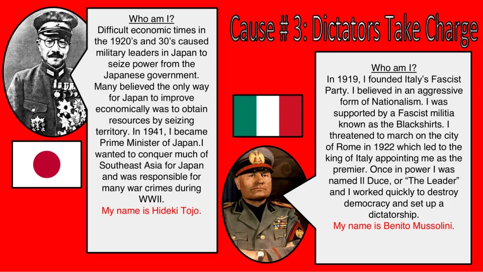 Cause 3, Dictators Take Charge: Who am I? profiles of Hideki Tojo of Japan and Benito Mussolini of Italy with flags
