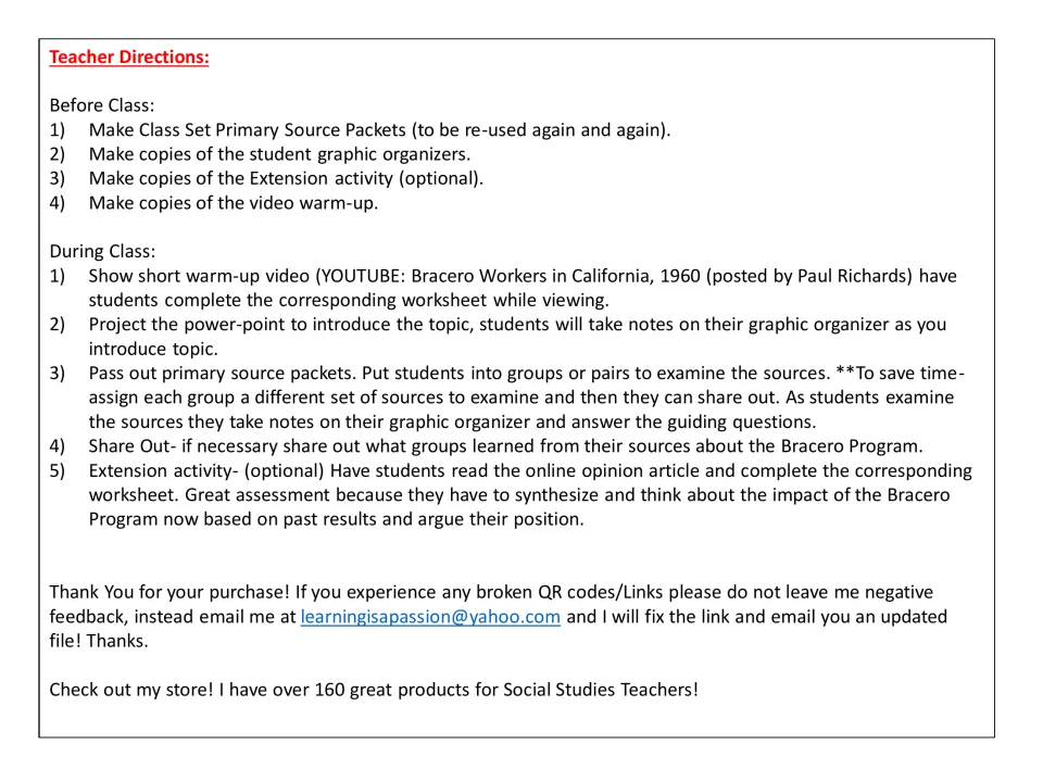 Teacher directions for the Bracero lesson: preparation, video warm-up, slides, source analysis, and extension