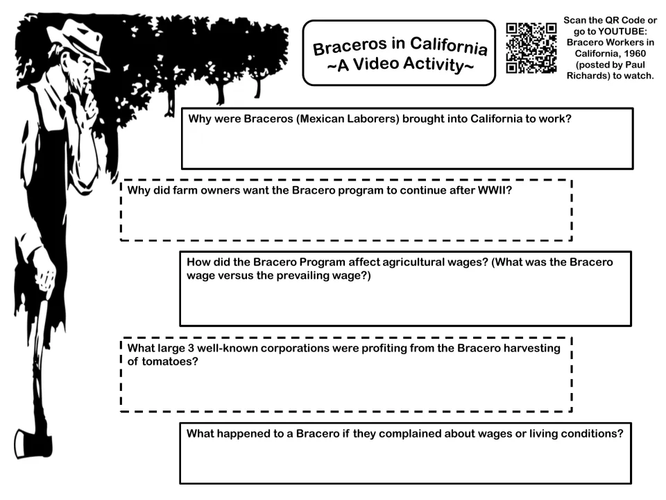 Braceros in California video worksheet asks five questions about labor needs, wages, companies, and complaints