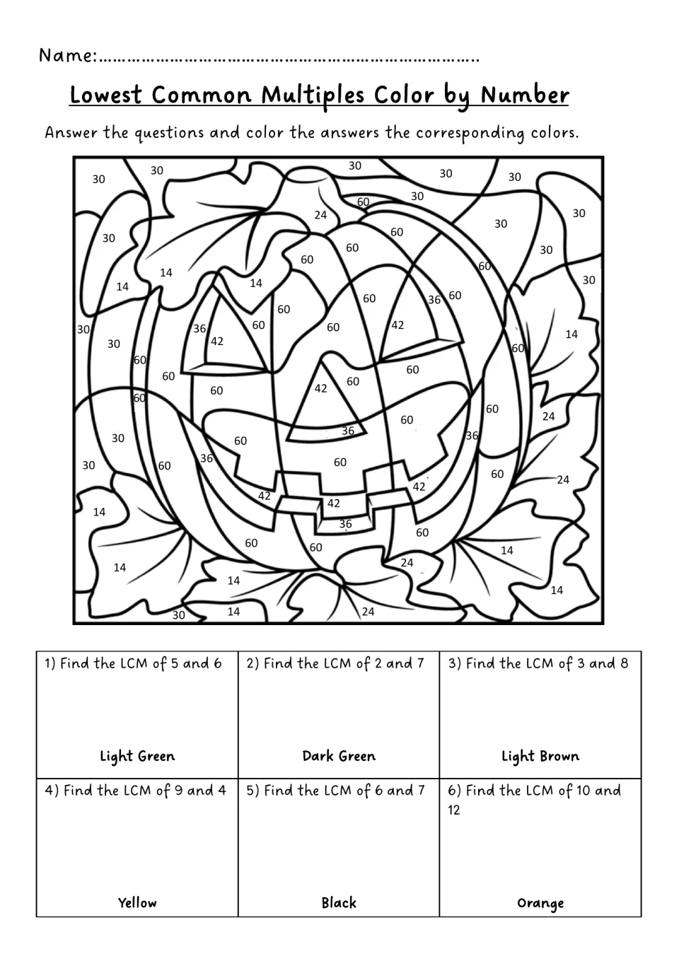 LCM color-by-number activity: six problems using 5 and 6, 2 and 7, and four more to color a jack-o'-lantern.
