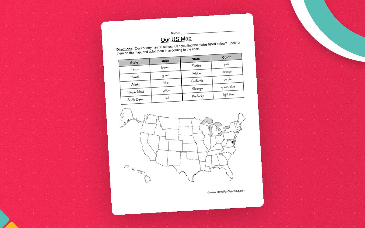 US Map Worksheet – Color & Locate the States preview: A blank-outline map of the United States
