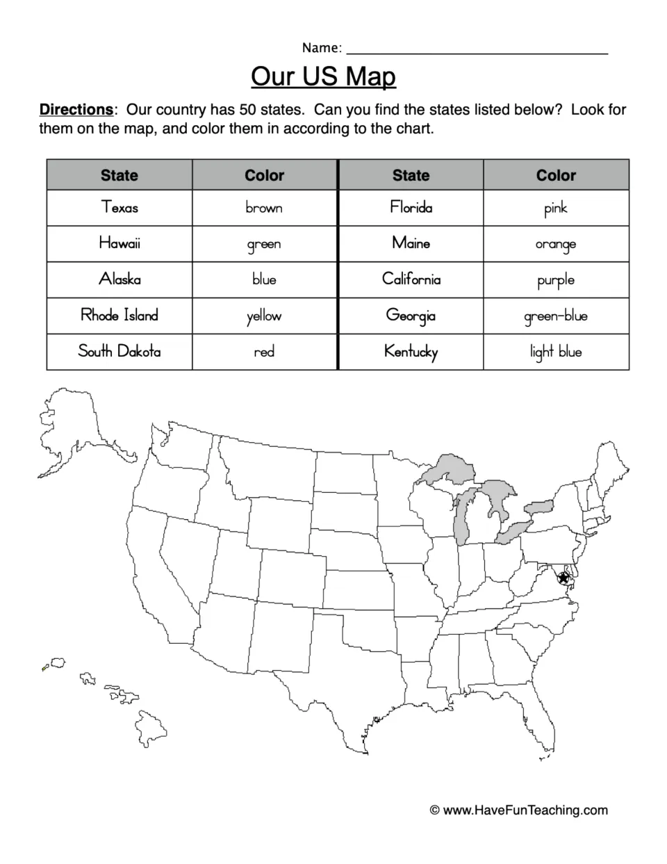 Our US Map: students locate 10 states, such as Texas, Alaska and Maine, on a blank map and color each one per the chart
