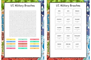 US Military Branches word search, scramble and crossword puzzle – cover