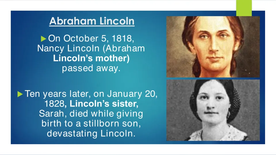 Family losses: slide covers his mother Nancy's death in 1818 and sister Sarah's death in 1828, with portraits of both women