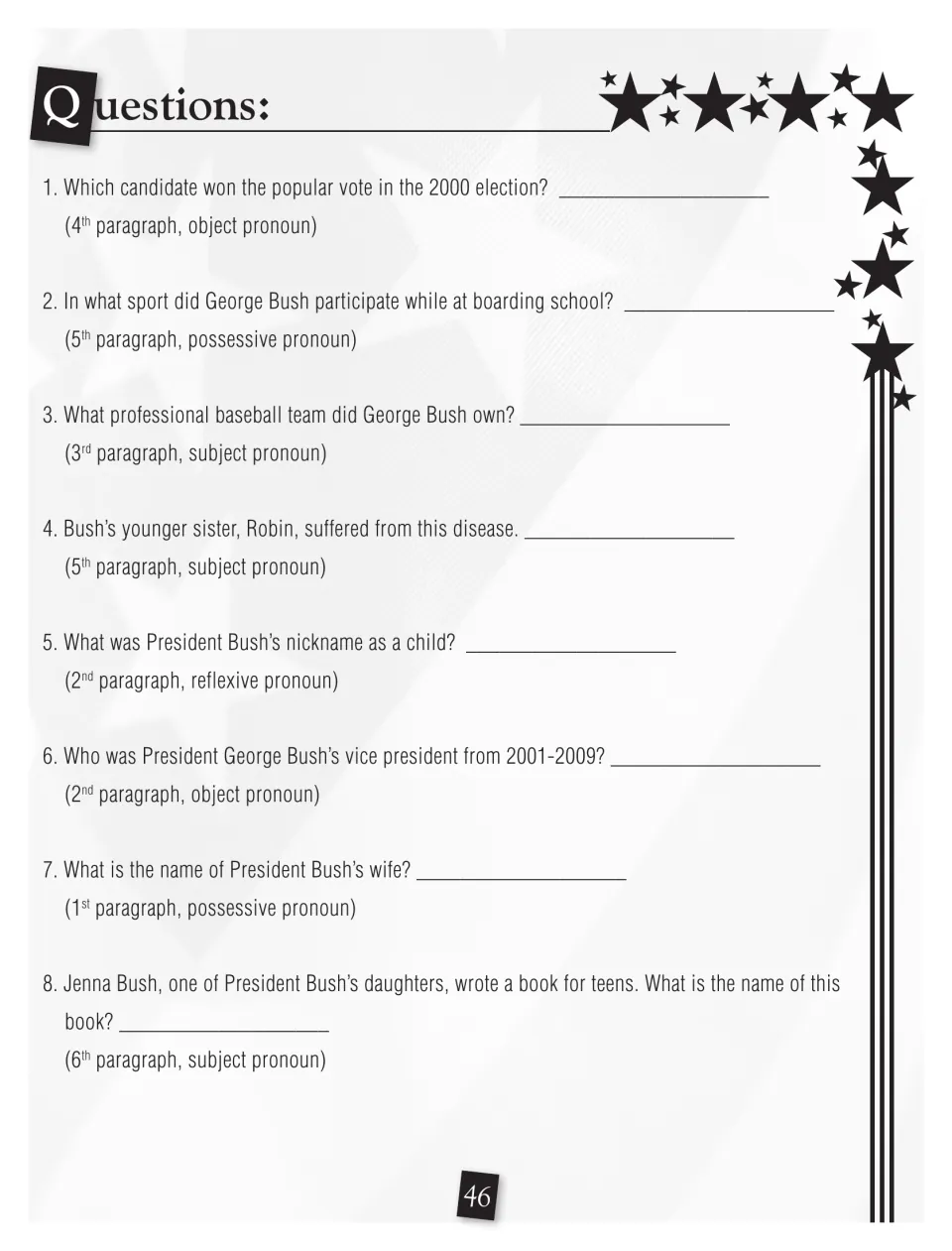 Bush questions: students answer 8 questions, using paragraph and pronoun-type hints to find each hidden answer in the text