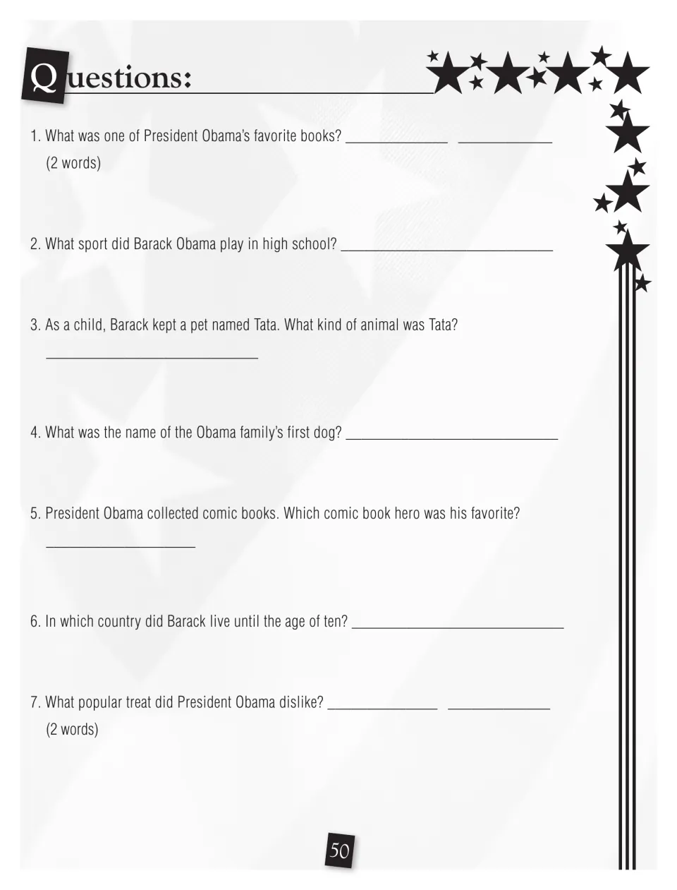 Obama questions: 7 fill-ins on his favorite book, high school sport, pet Tata, first dog, comic hero and childhood country