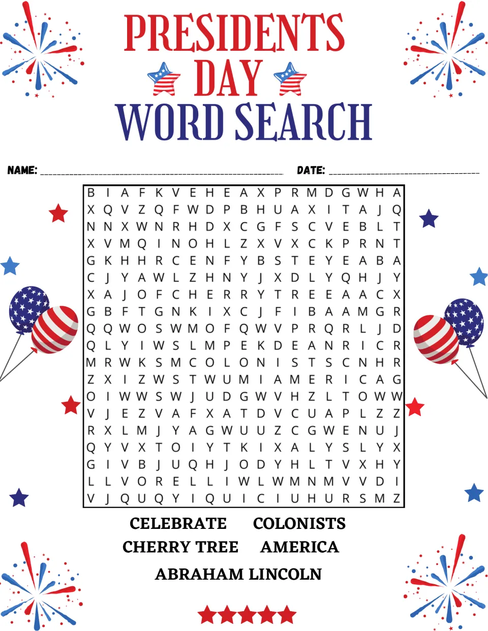 Presidents Day word search: students find five words, including Celebrate, Colonists, Cherry Tree and Abraham Lincoln