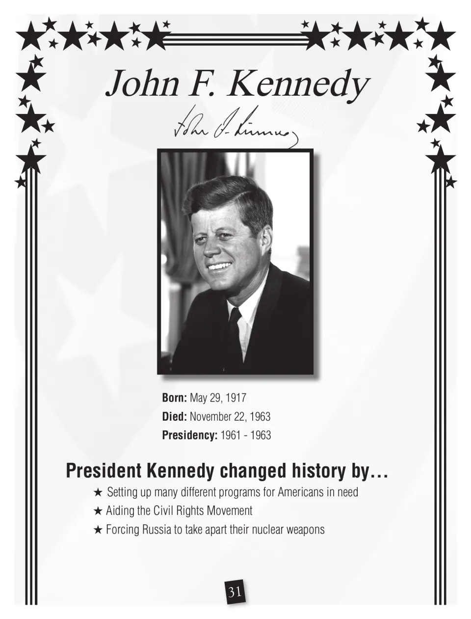 Kennedy reference page includes his portrait, signature, life dates, presidency dates, and accomplishments