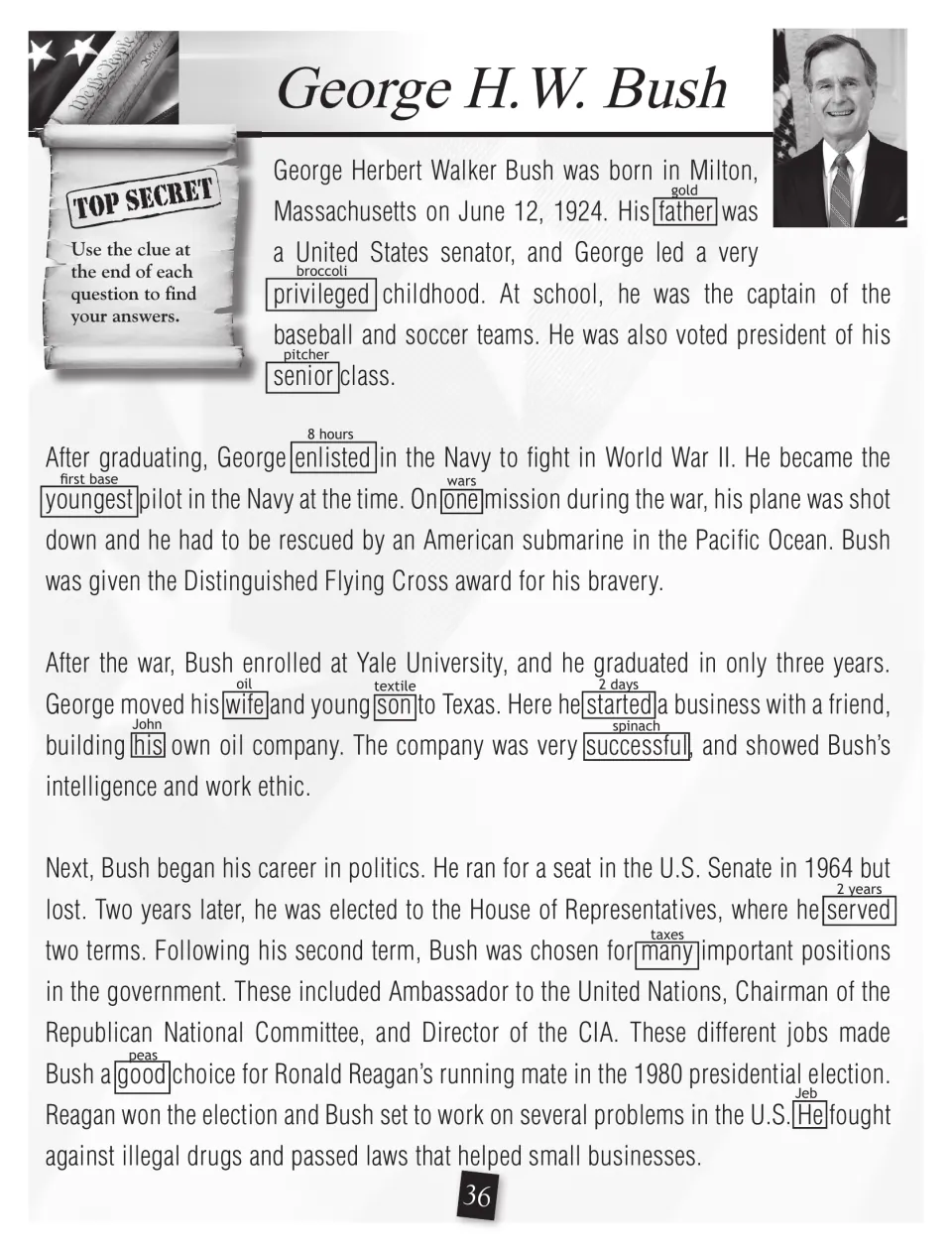 Bush biography, part 1: childhood, Navy service, oil business, and politics, with words paired to code clues
