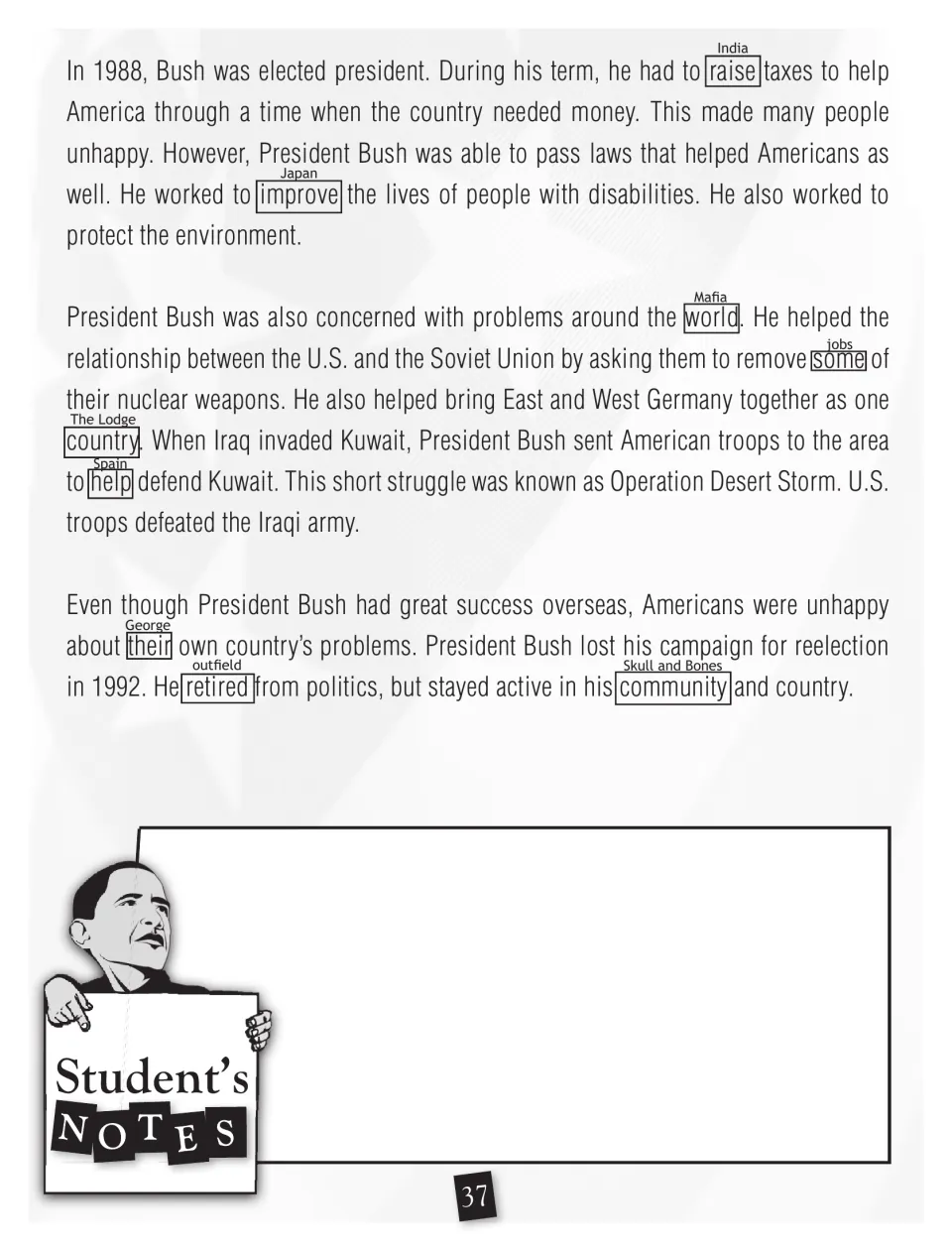 Bush biography, part 2: taxes, disability laws, foreign affairs, and retirement, with paired code words