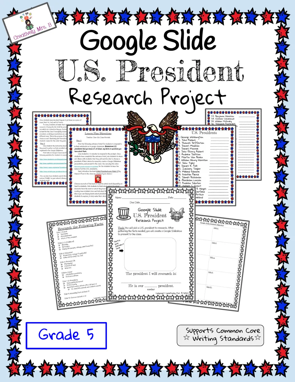Cover: Google Slide U.S. President Research Project, previewing the lesson plan, presidents list and student task sheet
